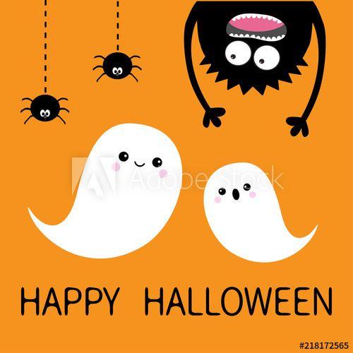 Orange and Black Funny Logo - Happy Halloween card. Two flying ghost spirit. Monster head ...