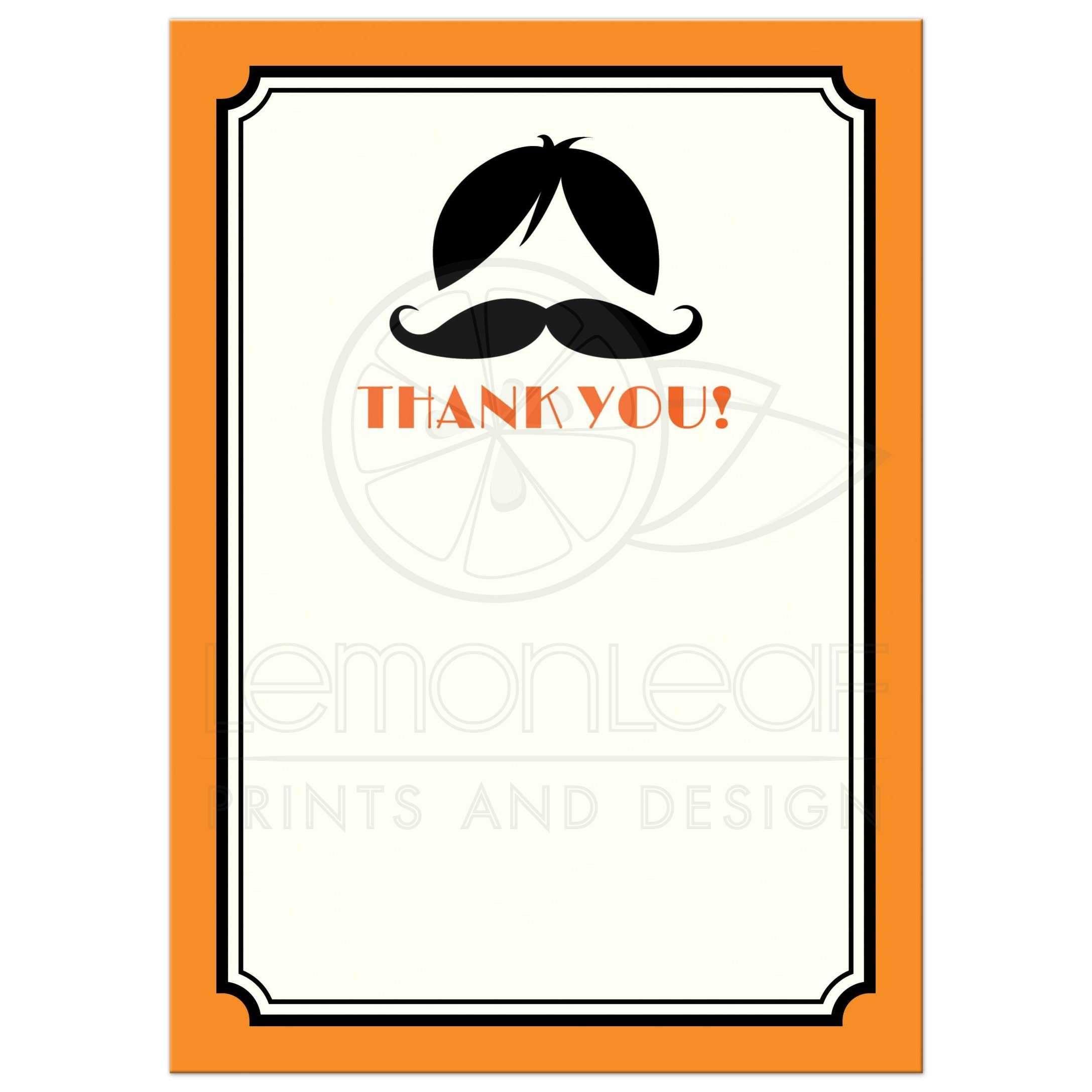 Orange and Black Funny Logo - Wig and mustache bash flat thank you note card in orange and black
