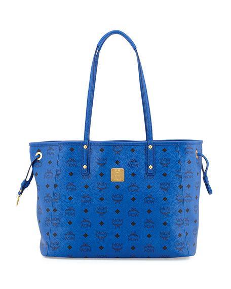 Blue MCM Logo - MCM Shopper Project Reversible Logo Print Shopper Bag, Blue Jaguar Gray