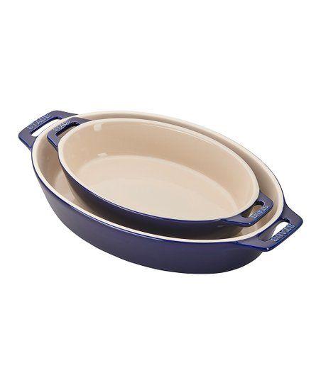 Two Piece Blue Oval Logo - Staub Dark Blue Ceramic Two Piece Oval Baking Dish Set