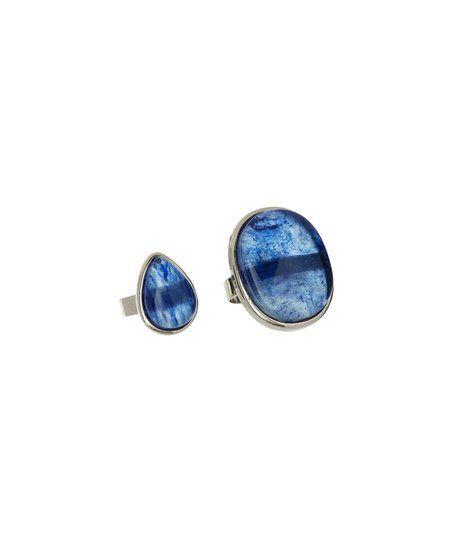 Two Piece Blue Oval Logo - Blue Glass & Silvertone Adjustable Two Piece Ring Set