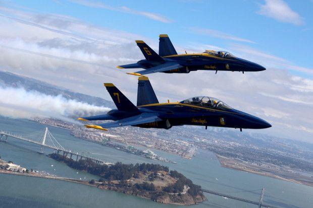 Blue Angels 2018 Logo - The Blue Angels and aerobatic pilot Sean D. Tucker fly over SF Bay ...