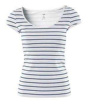 White and Blue Striped M Logo - H&M White/Blue Striped Jersey Shirt - Celebrities who wear, use, or ...