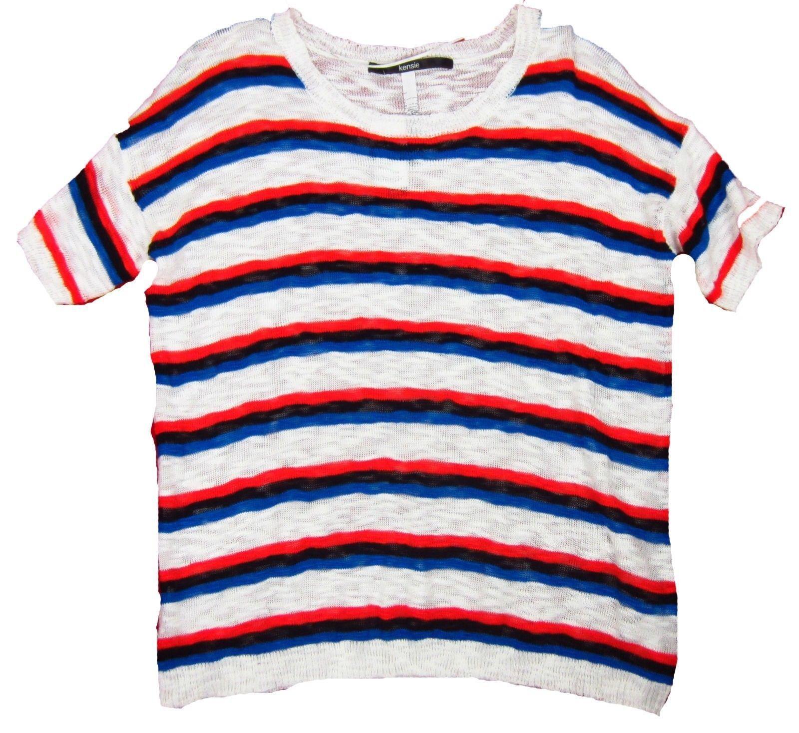 White and Blue Striped M Logo - Womens Kensie Short Sleeve Shirt Red White Blue Striped Top Size M ...