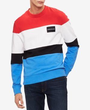 White and Blue Striped M Logo - Calvin Klein Jeans Men's Colorblocked Logo Sweatshirt - Red White ...