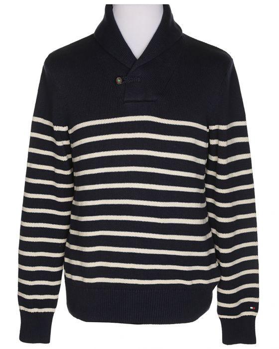 White and Blue Striped M Logo - Tommy Hilfiger Blue Striped Jumper - M Blue £29.7500 | Rokit Vintage ...