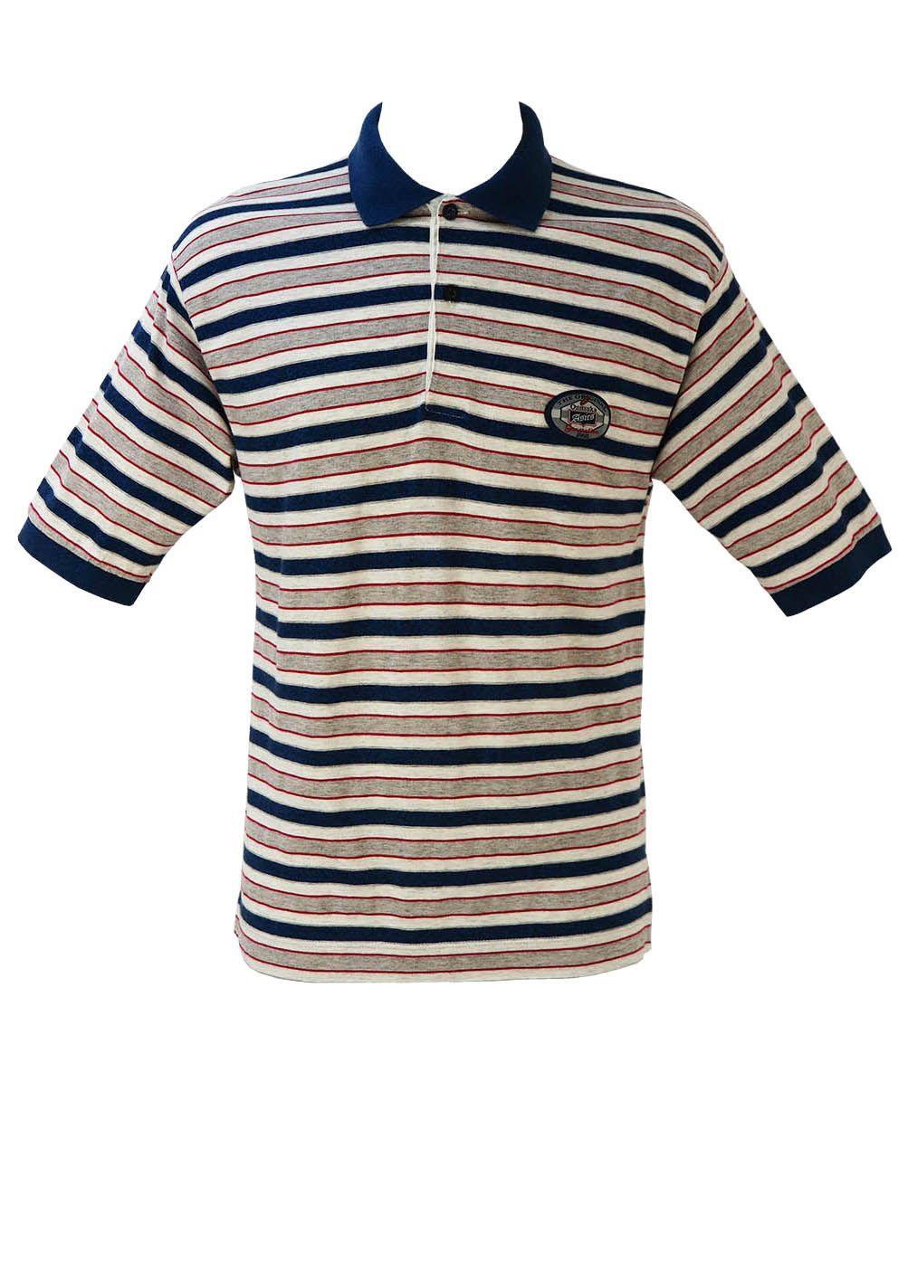 White and Blue Striped M Logo - Asics Polo Shirt with Grey, White & Blue Stripes – M – Reign Vintage