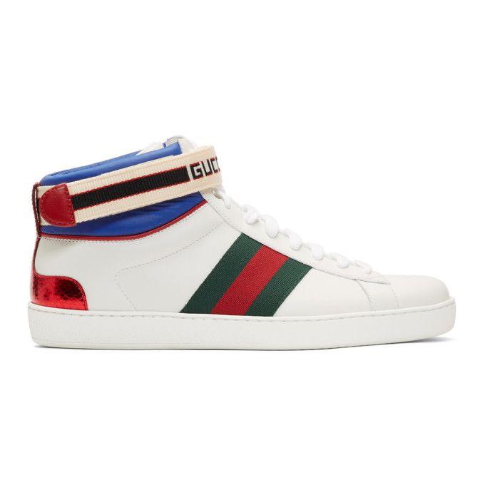 White and Blue Striped M Logo - Gucci Ace Logo-Striped Leather Sneakers - White Size 6 M In Blue ...