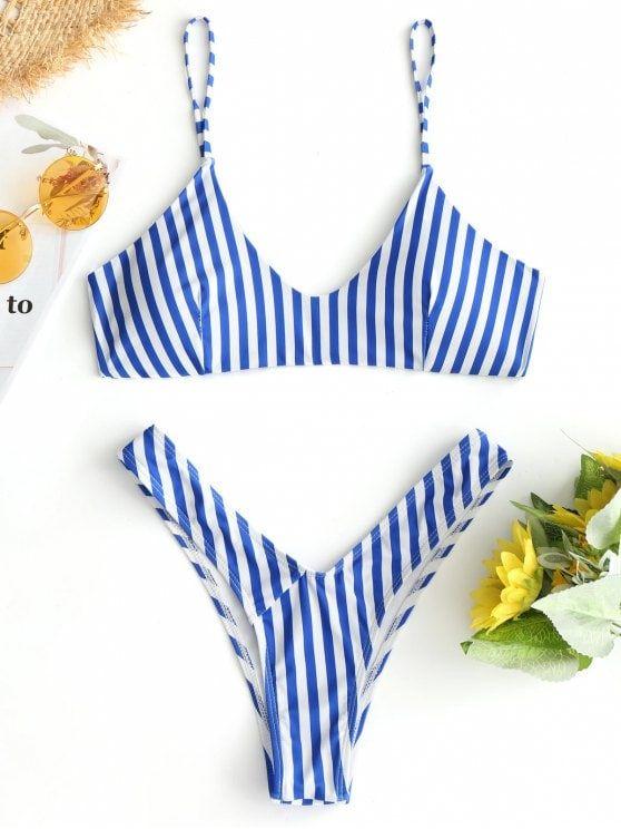 White and Blue Striped M Logo - POPULAR] 2019 High Cut Cami Striped Bikini Set In BLUE AND WHITE M ...