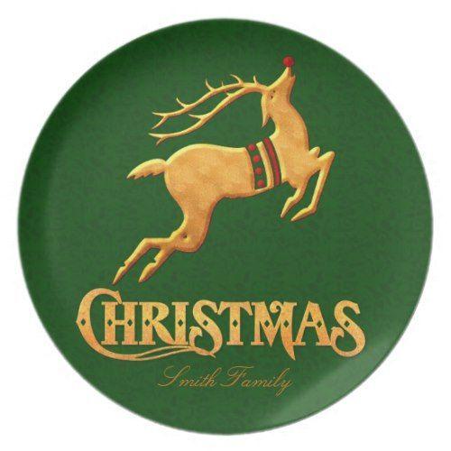 Green and Gold Reindeer Logo - Green Damask Christmas with Gold Reindeer Melamine Plate. Christmas