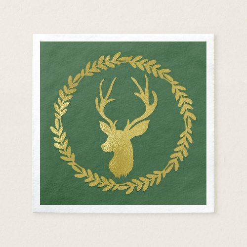 Green and Gold Reindeer Logo - Dark Green Gold Deer Wreath Christmas Napkin. Green