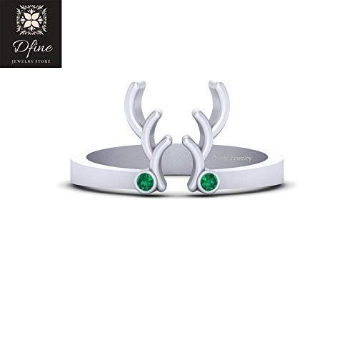 Green and Gold Reindeer Logo - Solid 14k White Gold Deer Antler Ring Bezel Set Green