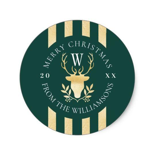 Green and Gold Reindeer Logo - Forest Green Gold Reindeer Monogram Holiday Crest Classic Round