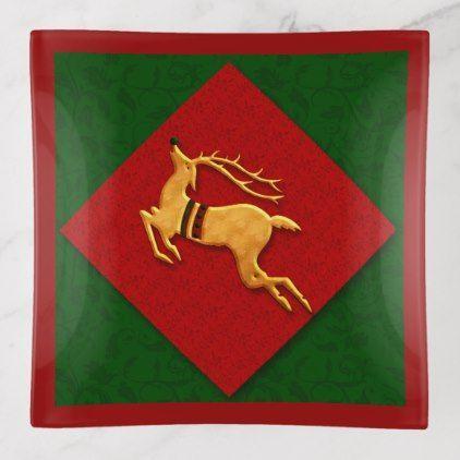 Green and Gold Reindeer Logo - Gold Reindeer Green with Red Damask Holiday Trinket Trays - red ...