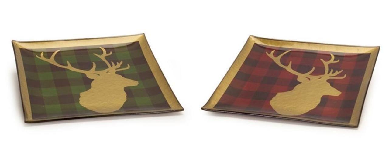 Green and Gold Reindeer Logo - Set of 2 Rustic Red & Green Plaid Square Glass Christmas Plates