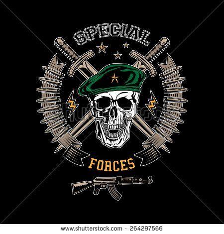 Military Skull Logo - Special forces colored vector emblem with skull, daggers and gun ...