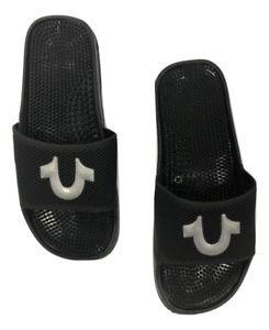 Black Horseshoe Logo - True Religion Men's Silver Metallic Horseshoe Logo Slide Sandals in ...