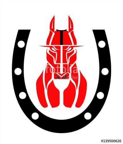 Black Horseshoe Logo - horse, mustang, red horse and the black horseshoe. Stock image