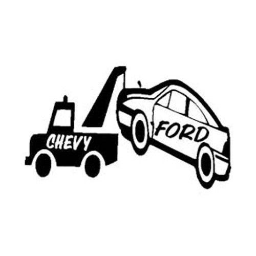 Cartoon Ford Logo - CHEVY PULLING A FORD Funny Cartoon Vinyl 5 STICKER / DECAQL