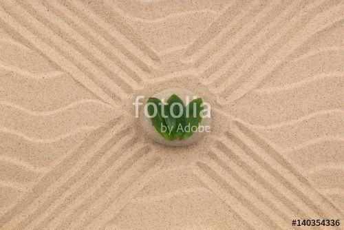 Sand Leaf Logo - Stones and green leaf on the sand with dunes and waves. Spa and zen ...