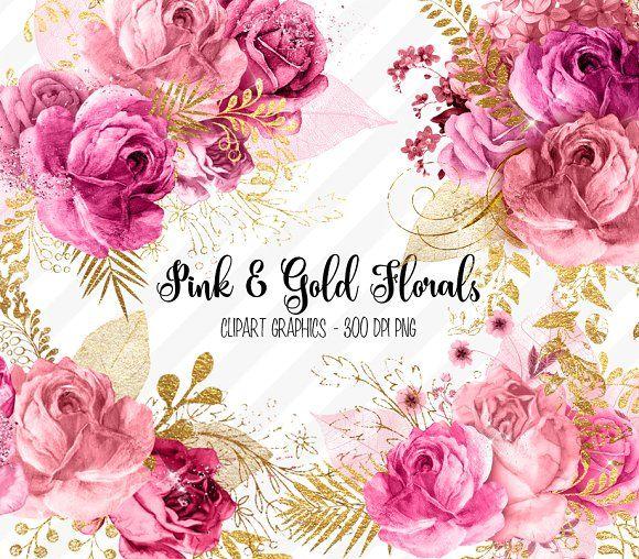 Floral Pink and Gold Logo - Pink and Gold Floral Clipart ~ Graphic Objects ~ Creative Market