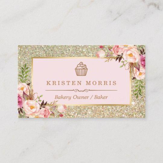 Floral Pink and Gold Logo - Bakery Cupcake Logo | Floral Pink Gold Glitter Business Card ...