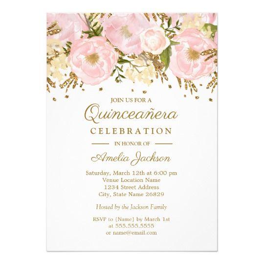 Floral Pink and Gold Logo - Pretty Blush Pink Gold Floral Quinceanera Invitation | Zazzle.com