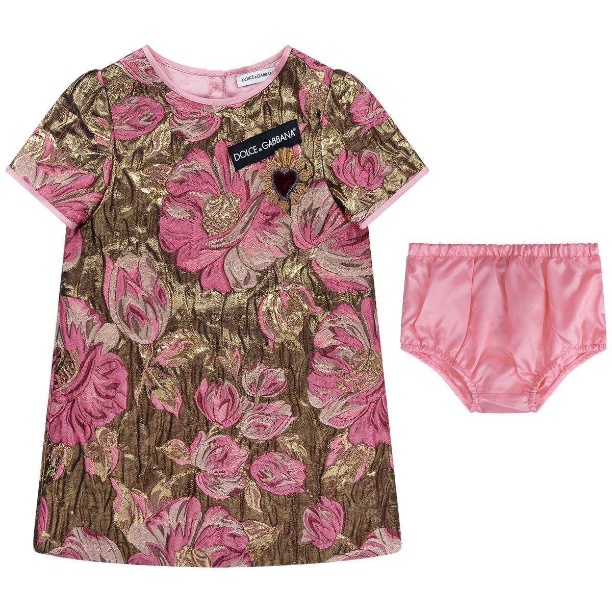 Floral Pink and Gold Logo - Dolce & Gabbana Baby Pink & Gold Floral Jacquard Dress With Knickers