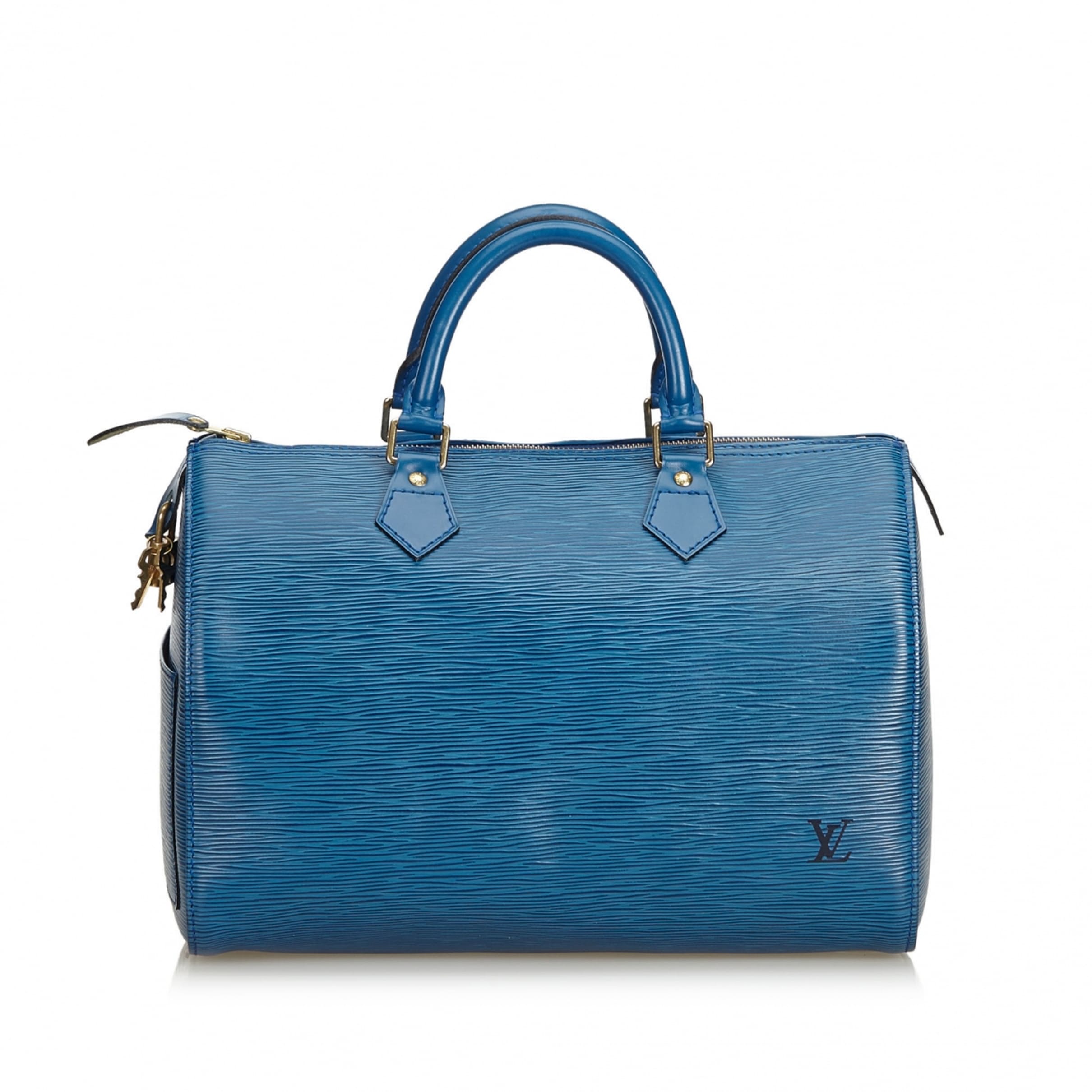 Louis Vuitton Blue Logo - Speedy leather handbag Louis Vuitton Blue in Leather