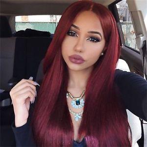 Long Hair with Red Lady Logo - Women Girl Wig Straight Long Hair Ombre Black Gradient Wine Red