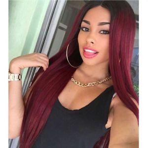 Long Hair with Red Lady Logo - New Synthetic Straight Long Hair Wigs For Women Ombre Red Middle Wig ...