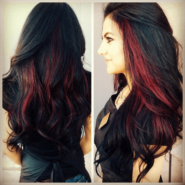 Long Hair with Red Lady Logo - Hottest New Highlights for Black Hair. Hair Colour