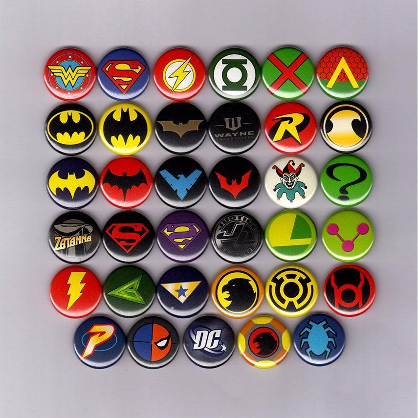DC Superhero Logo - DC Comics Superhero Logos 1 Pins Buttons W Batman Joker