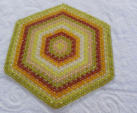 Yellow and Green Pentagon Logo - Vintage Beaded Plastic Doily- Yellow, Brown, Green Pentagon x