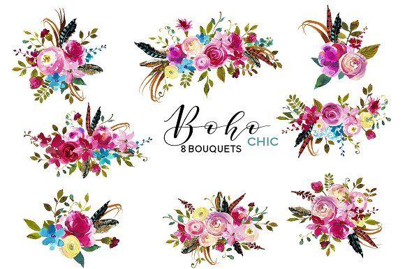 Boho Floral Logo - Boho Chic Pink Watercolor Flowers Illustrations Creative Market