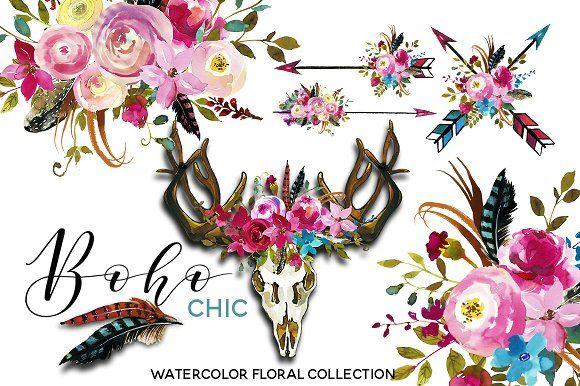 Boho Floral Logo - Boho Chic Pink Watercolor Flowers Illustrations Creative Market