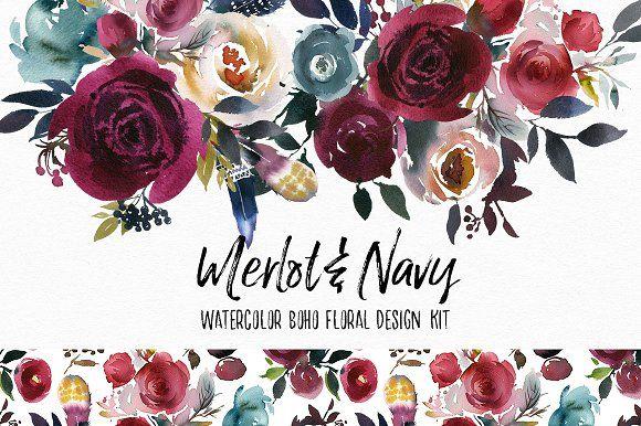 Boho Floral Logo - Merlot & Navy Boho Floral Design Kit ~ Illustrations ~ Creative Market