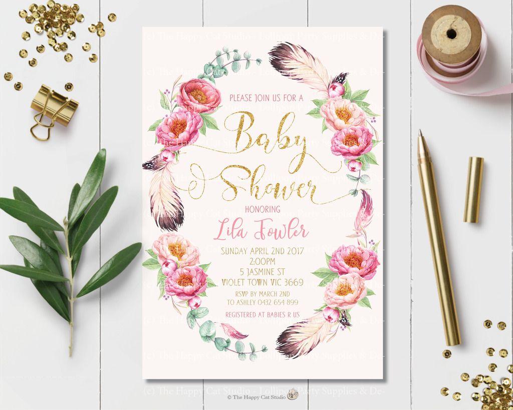 Boho Floral Logo - FLORAL BABY SHOWER PERSONALISED INVITATION INVITE CARD PINK GOLD ...