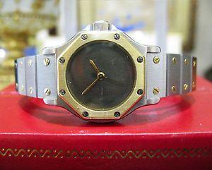 Octago Shaped Gold Auto Logo - CARTIER Santos Octagon Ladies Steel 18K Gold 25mm Date Automatic