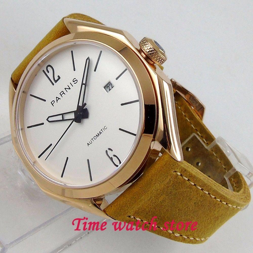 Octago Shaped Gold Auto Logo - PARNIS 43MM gold plated polished Octagon case 5ATM white dial