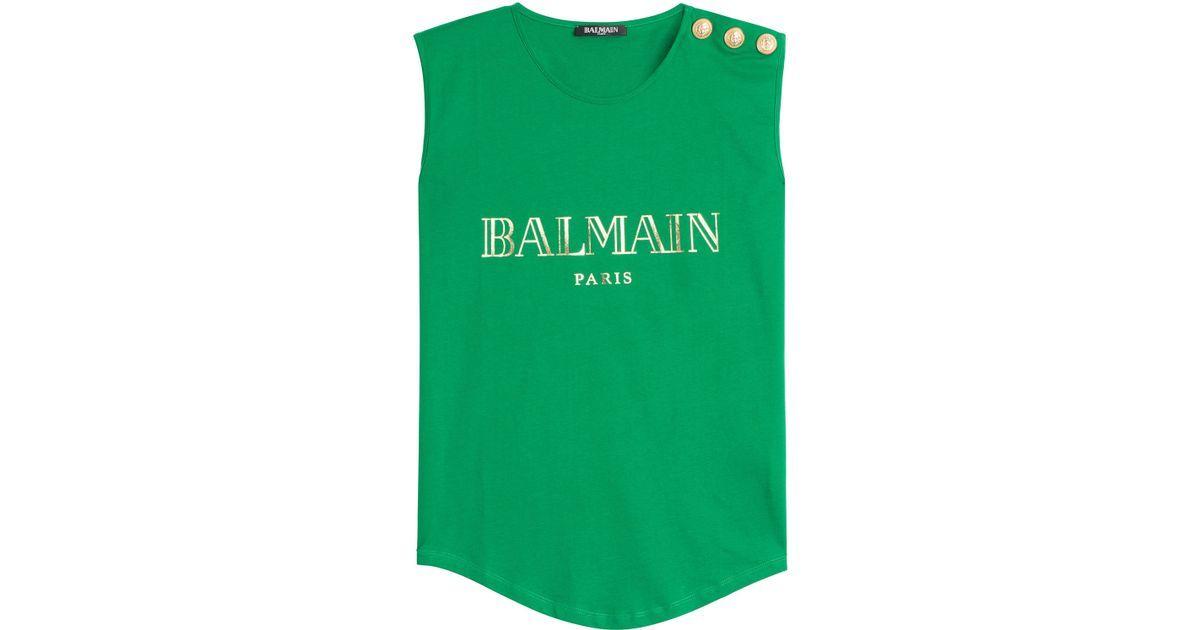 Top Green Logo - Balmain Cotton Logo Tank Top - Green in Green - Lyst