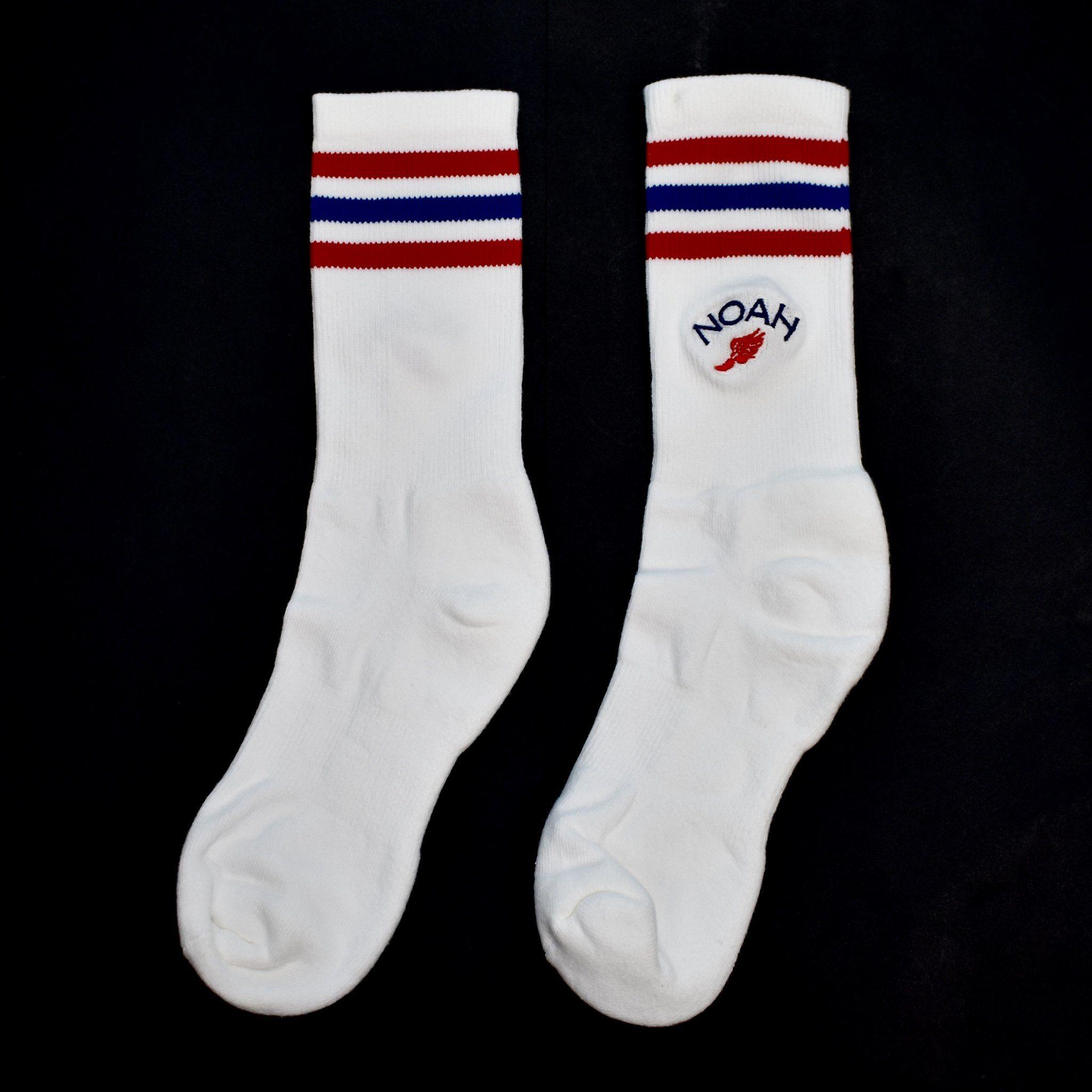 White Winged Foot Logo - Noah Winged Foot Logo Embroidered Triple Stripe Cotton Socks