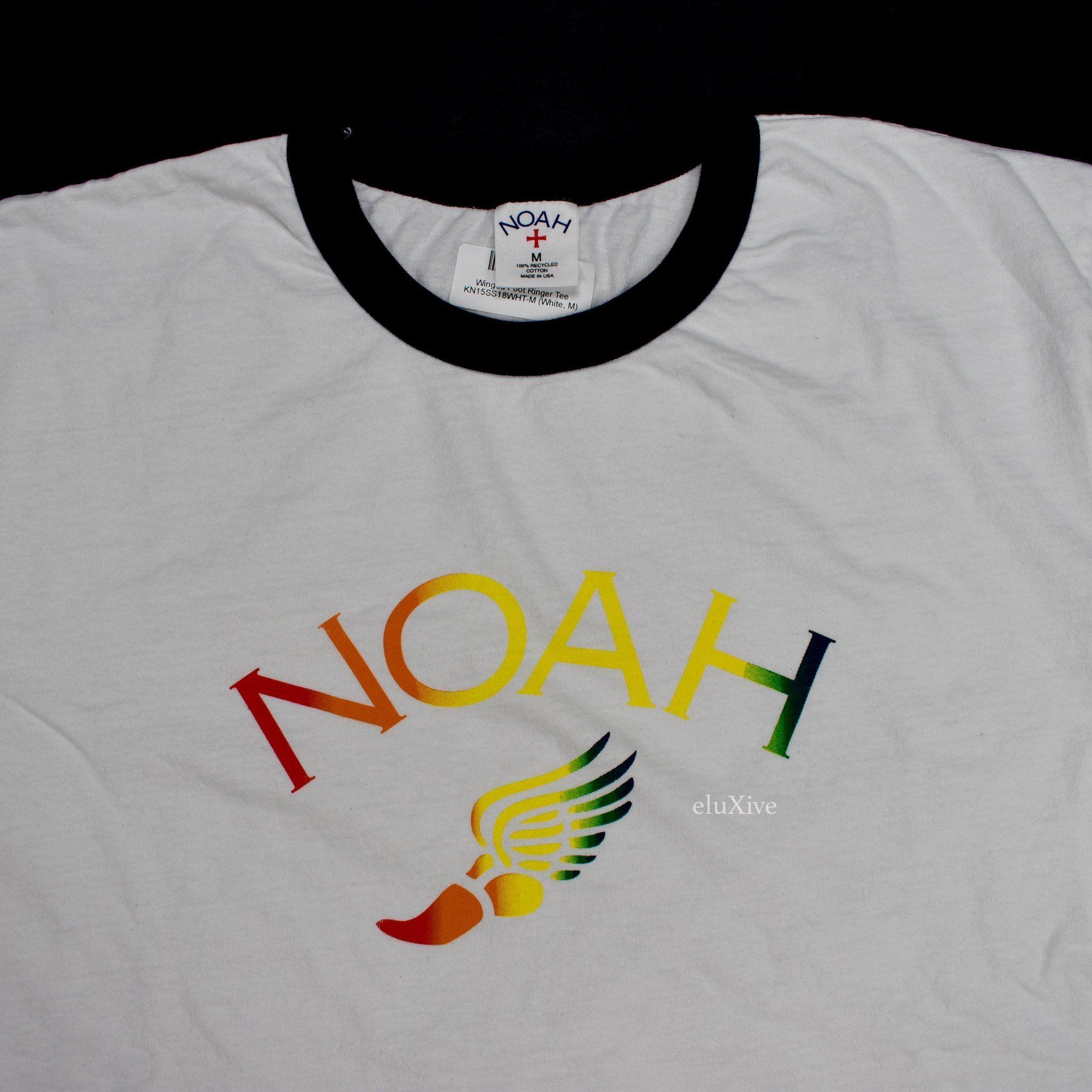 White Winged Foot Logo - Noah - Men's White Rainbow Winged Foot Logo Ringer Crewneck T-Shirt ...