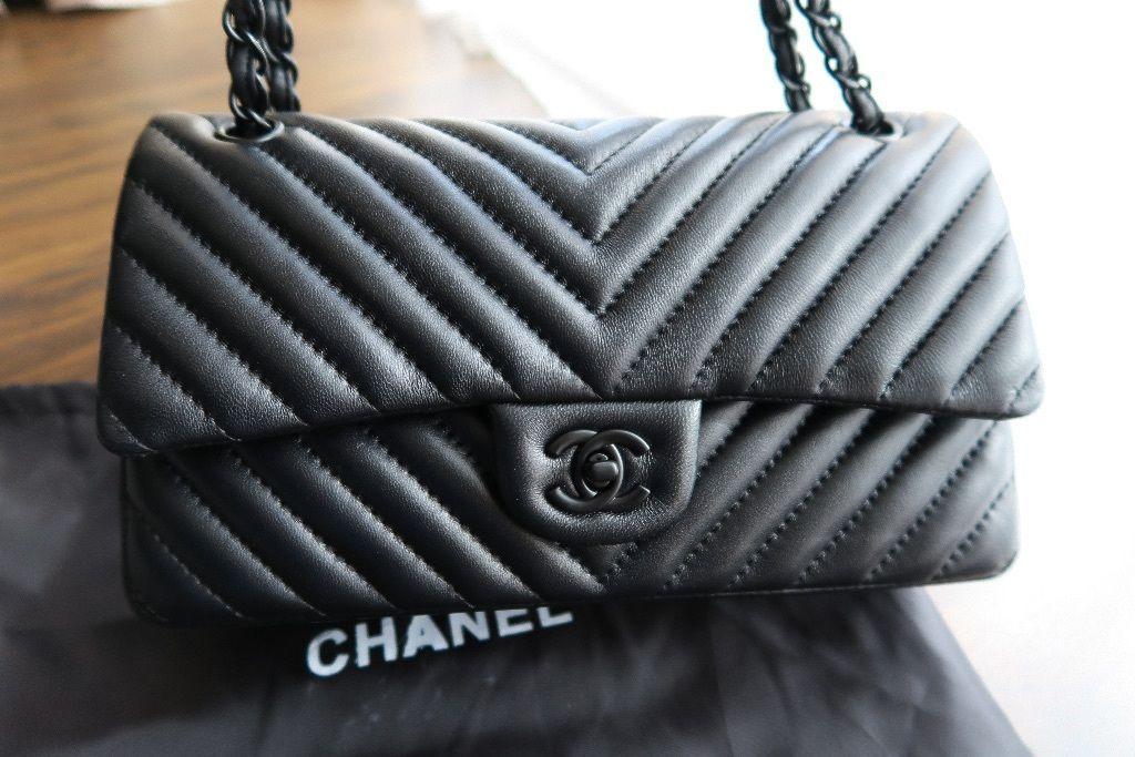 Chanel Black Logo - New CHANEL So Black Chevron Lambskin Flap Bag. BLACK Chain