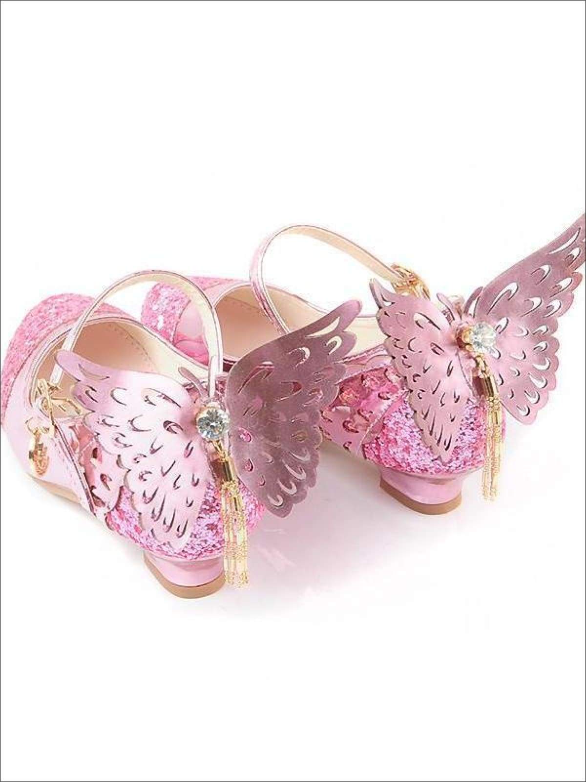 4 Color Butterfly Logo - Girls Glitter Butterfly Mary Jane Flats with Mini Heels 4 Color