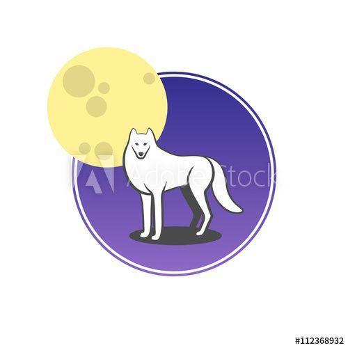 Purple and White Wolf Logo - White wolf standing at the full moon icon. Abstract design. Wolf ...