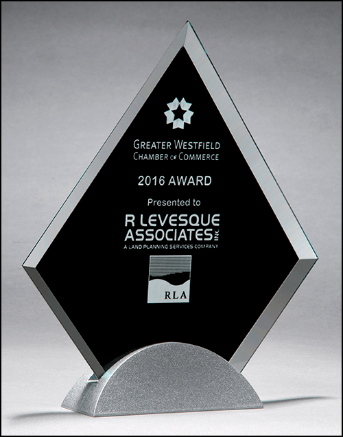 Silver Diamond Shaped Logo - Diamond-shaped glass award with black silk screen on silver metal ...