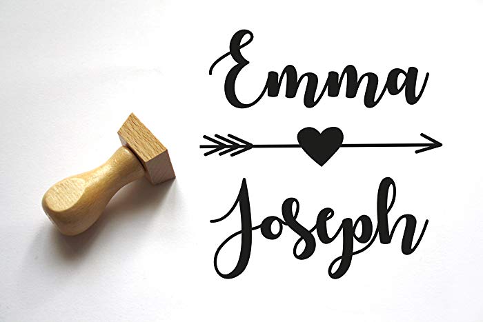 Amazon Handmade Logo - Wedding stamp names, Script Calligraphy, arrow and heart, custom
