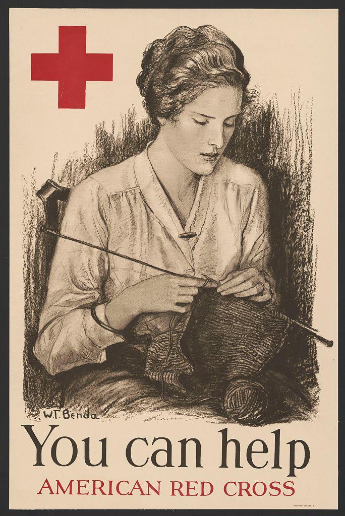 Women American Red Cross Logo - Showing support for the Great War with knitting needles. National