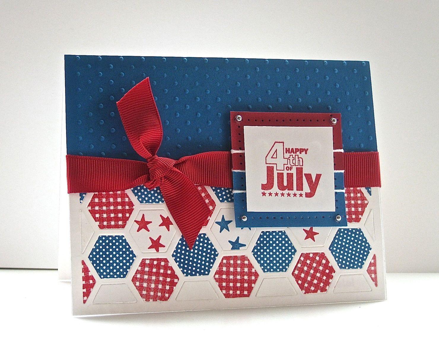 White and Red Filled Hexagon Logo - handmade 4th of July card. red white and blue. hexagon pattern